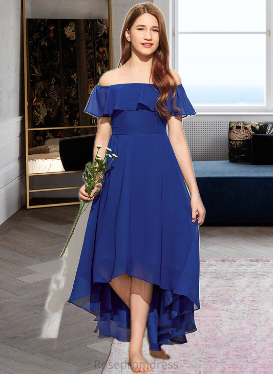 Phoebe A-Line Off-the-Shoulder Asymmetrical Chiffon Junior Bridesmaid Dress With Cascading Ruffles SRSP0013338