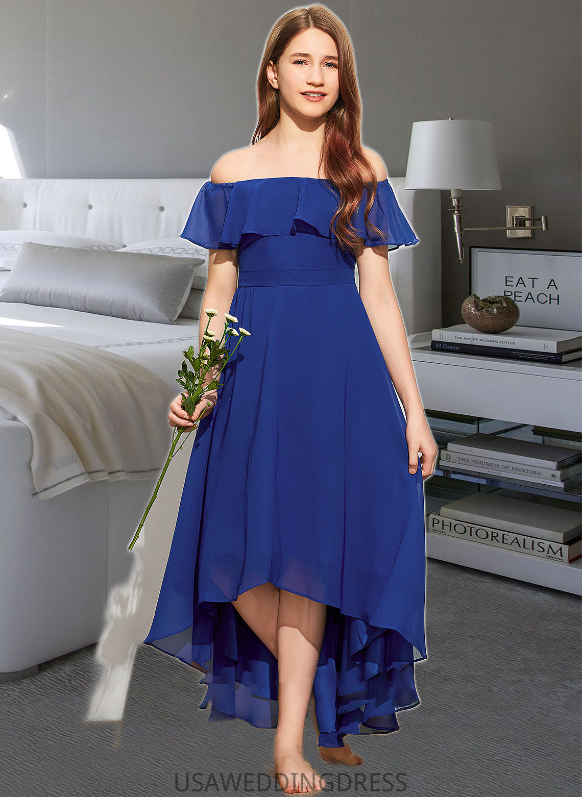 Damaris A-Line Off-the-Shoulder Asymmetrical Chiffon Junior Bridesmaid Dress With Cascading Ruffles DSP0013338