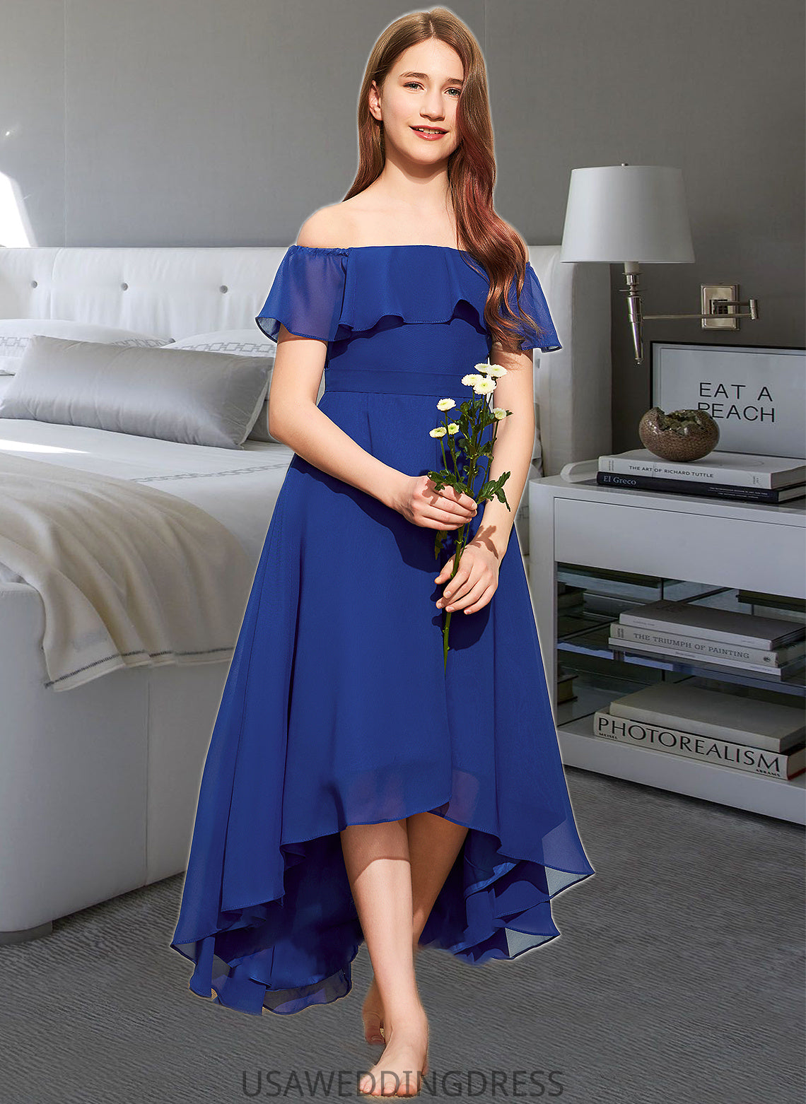 Damaris A-Line Off-the-Shoulder Asymmetrical Chiffon Junior Bridesmaid Dress With Cascading Ruffles DSP0013338