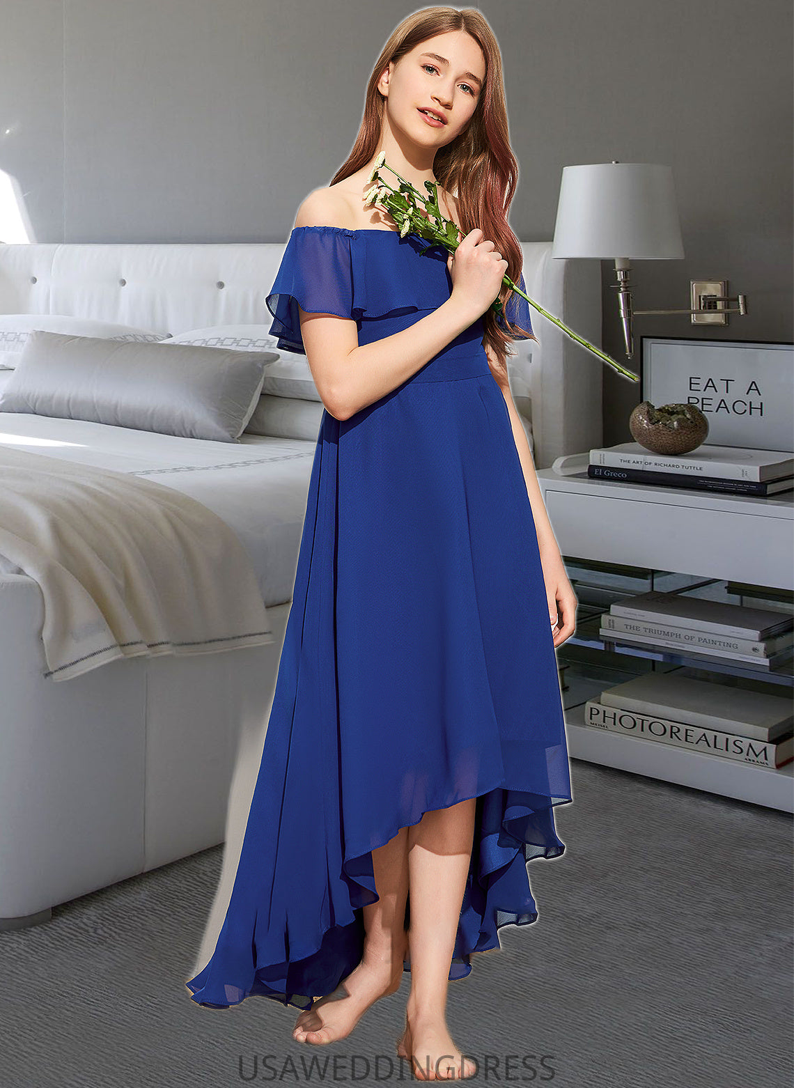 Damaris A-Line Off-the-Shoulder Asymmetrical Chiffon Junior Bridesmaid Dress With Cascading Ruffles DSP0013338