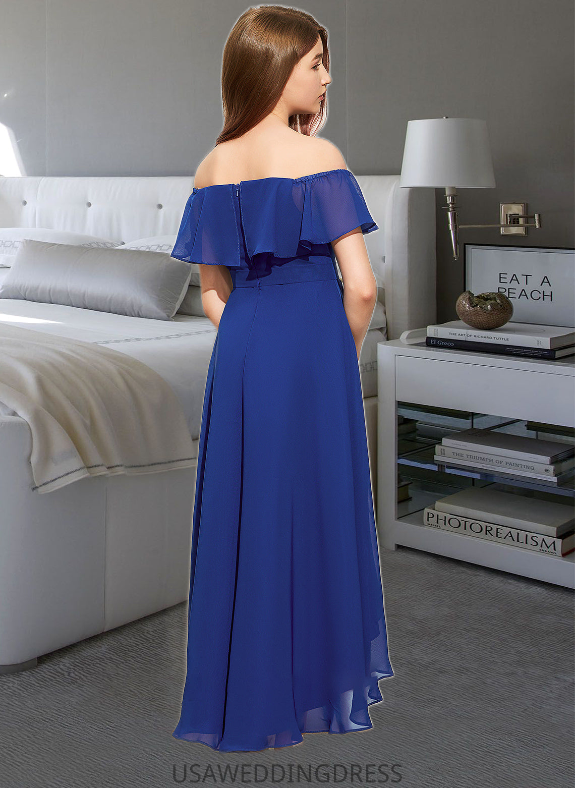 Damaris A-Line Off-the-Shoulder Asymmetrical Chiffon Junior Bridesmaid Dress With Cascading Ruffles DSP0013338