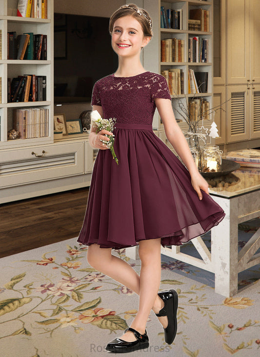 Zara A-Line Scoop Neck Knee-Length Chiffon Lace Junior Bridesmaid Dress With Bow(s) SRSP0013339