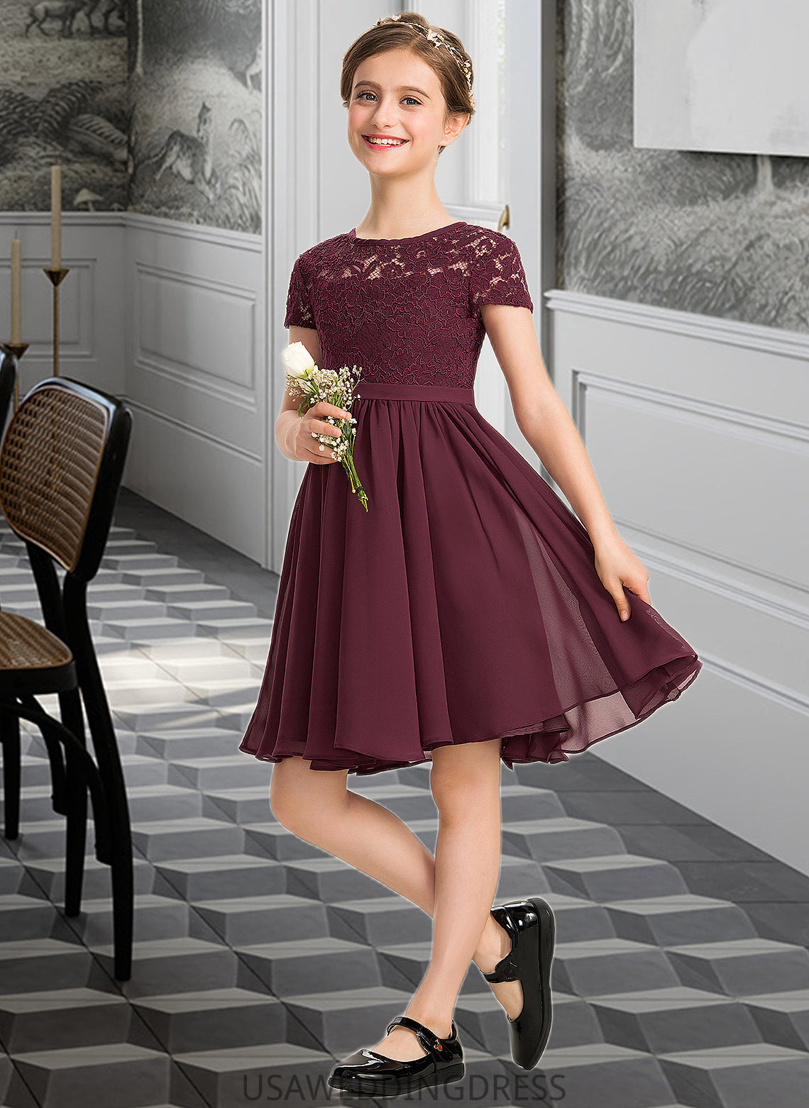 Corinne A-Line Scoop Neck Knee-Length Chiffon Lace Junior Bridesmaid Dress With Bow(s) DSP0013339