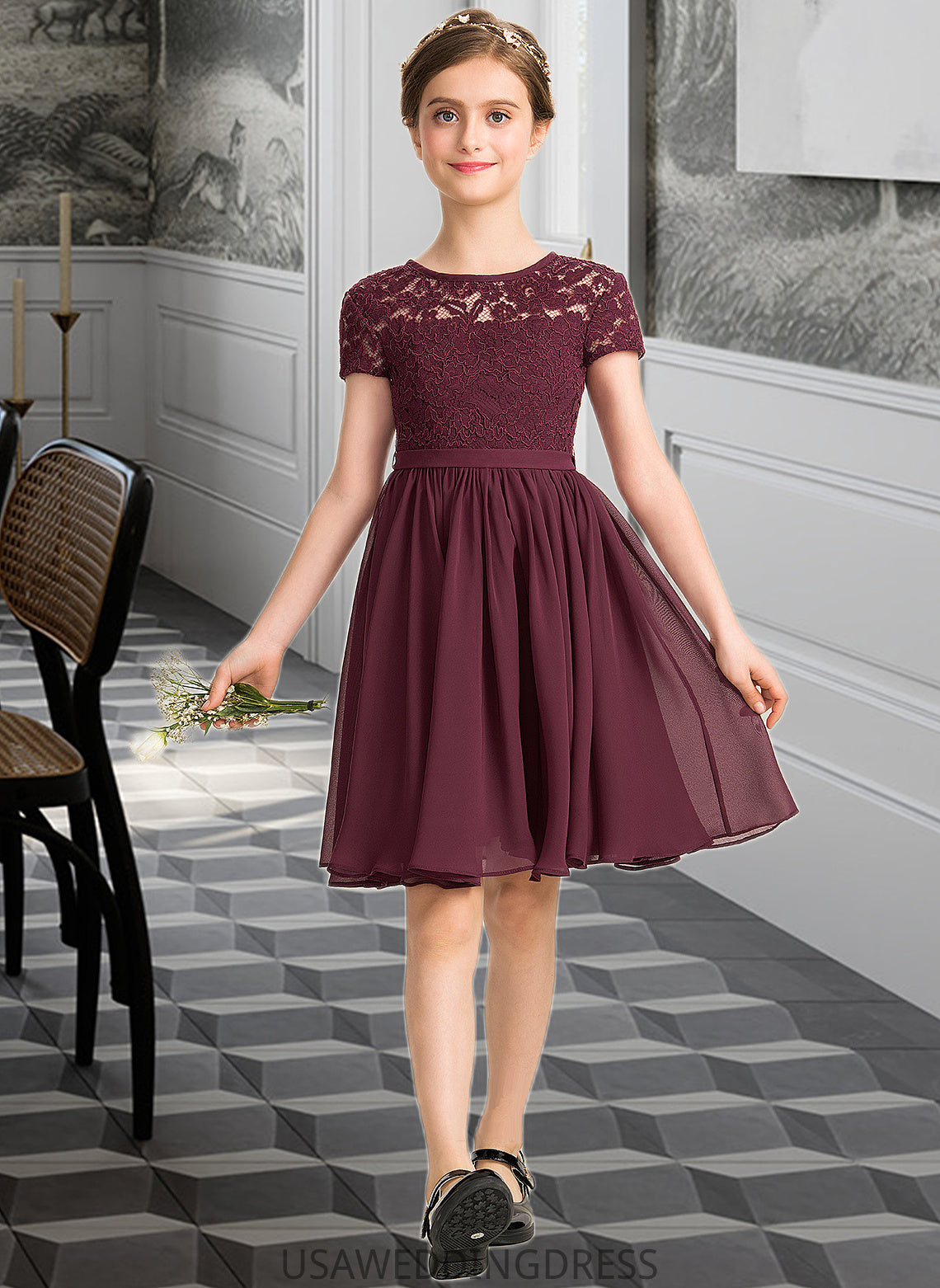 Corinne A-Line Scoop Neck Knee-Length Chiffon Lace Junior Bridesmaid Dress With Bow(s) DSP0013339