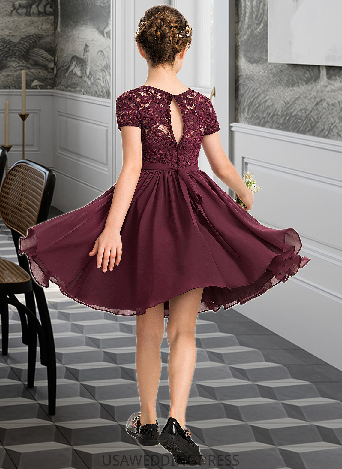 Corinne A-Line Scoop Neck Knee-Length Chiffon Lace Junior Bridesmaid Dress With Bow(s) DSP0013339