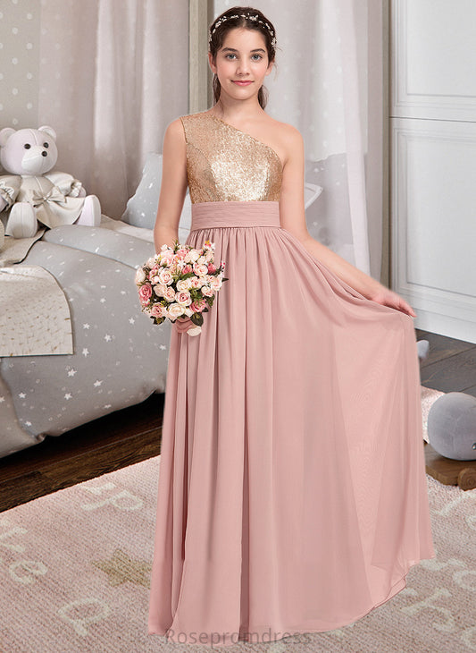 Haylie A-Line One-Shoulder Floor-Length Chiffon Junior Bridesmaid Dress With Ruffle SRSP0013340