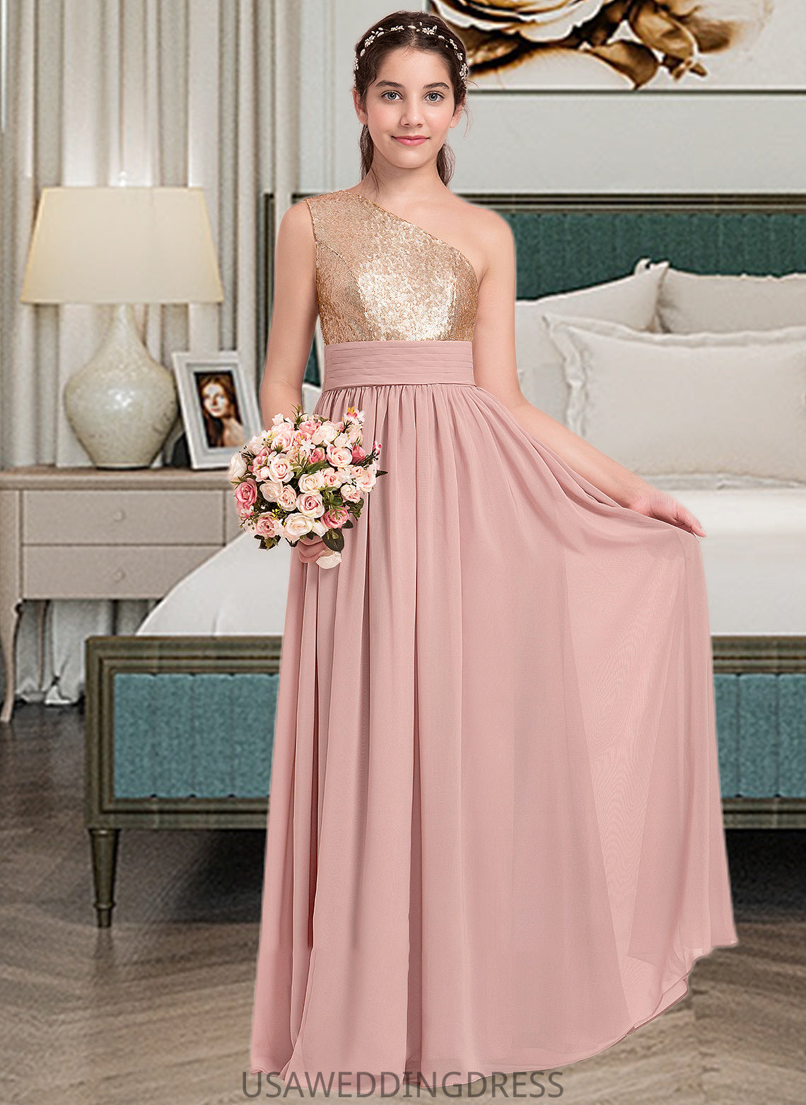 Annie A-Line One-Shoulder Floor-Length Chiffon Junior Bridesmaid Dress With Ruffle DSP0013340