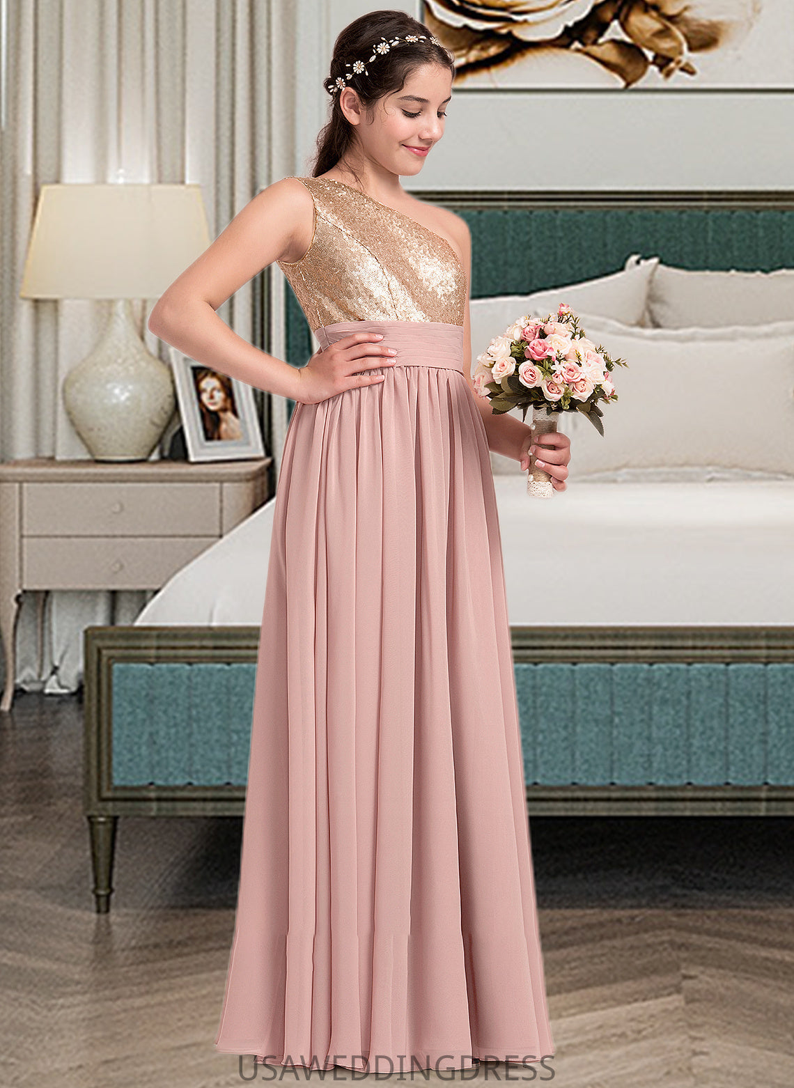 Annie A-Line One-Shoulder Floor-Length Chiffon Junior Bridesmaid Dress With Ruffle DSP0013340