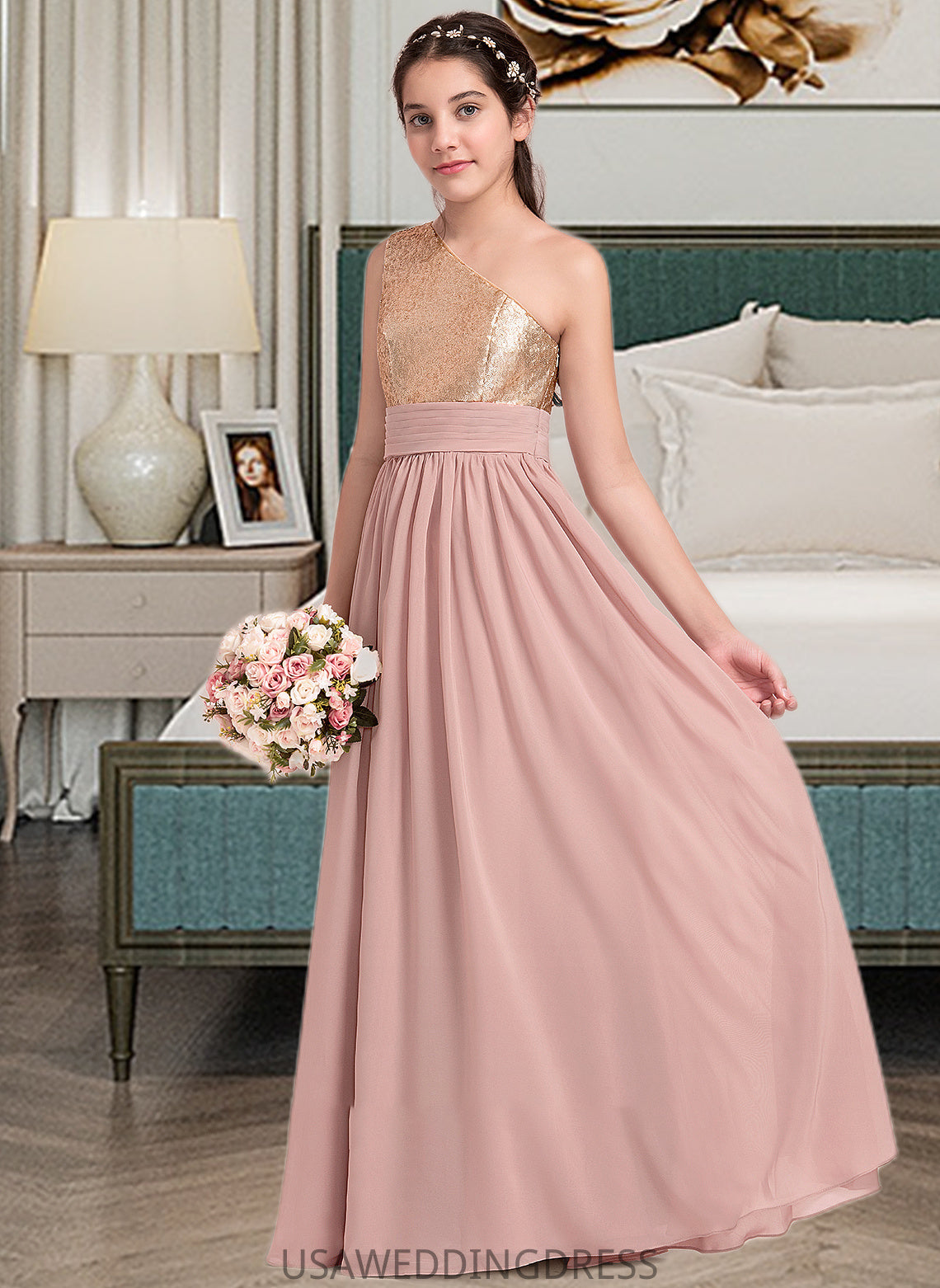 Annie A-Line One-Shoulder Floor-Length Chiffon Junior Bridesmaid Dress With Ruffle DSP0013340