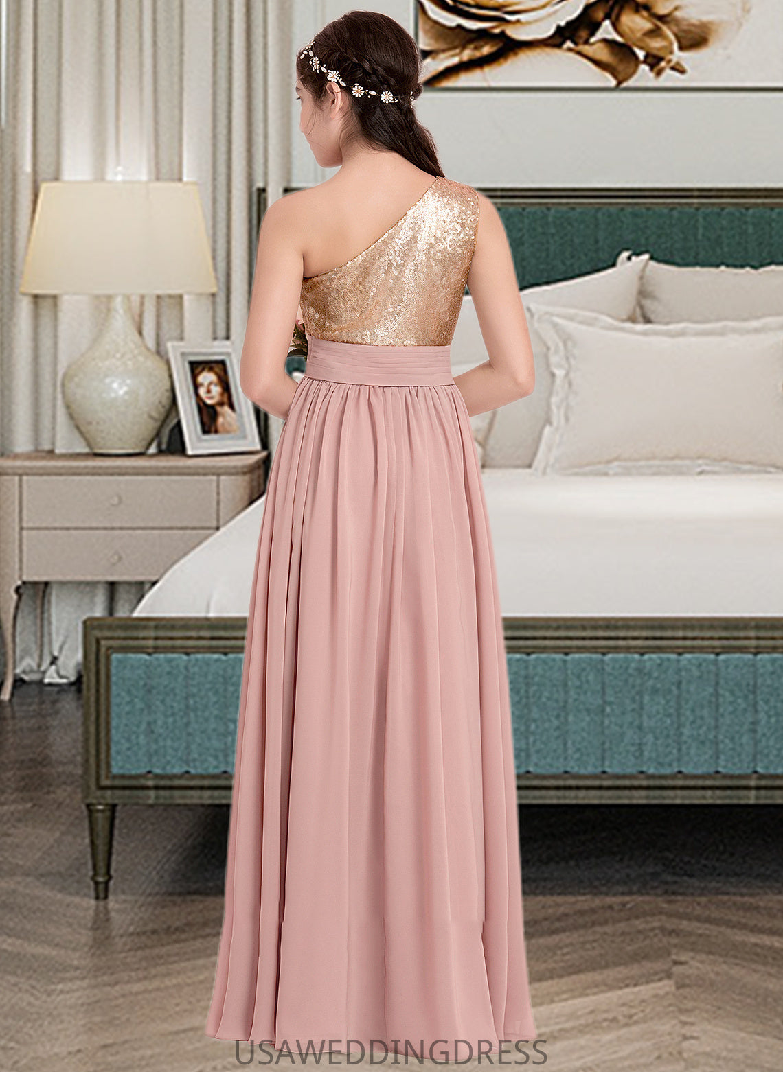 Annie A-Line One-Shoulder Floor-Length Chiffon Junior Bridesmaid Dress With Ruffle DSP0013340