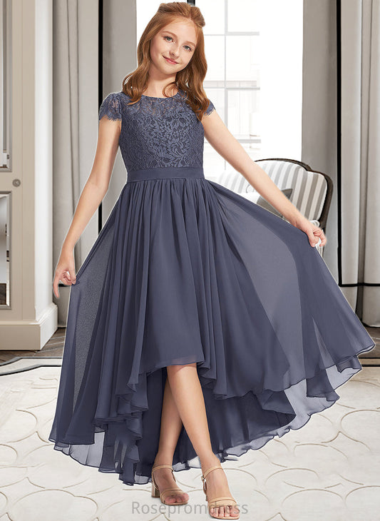 Jessica A-Line Scoop Neck Asymmetrical Chiffon Lace Junior Bridesmaid Dress SRSP0013341