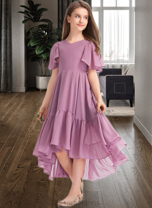 Fatima A-Line V-neck Asymmetrical Chiffon Junior Bridesmaid Dress With Cascading Ruffles SRSP0013342