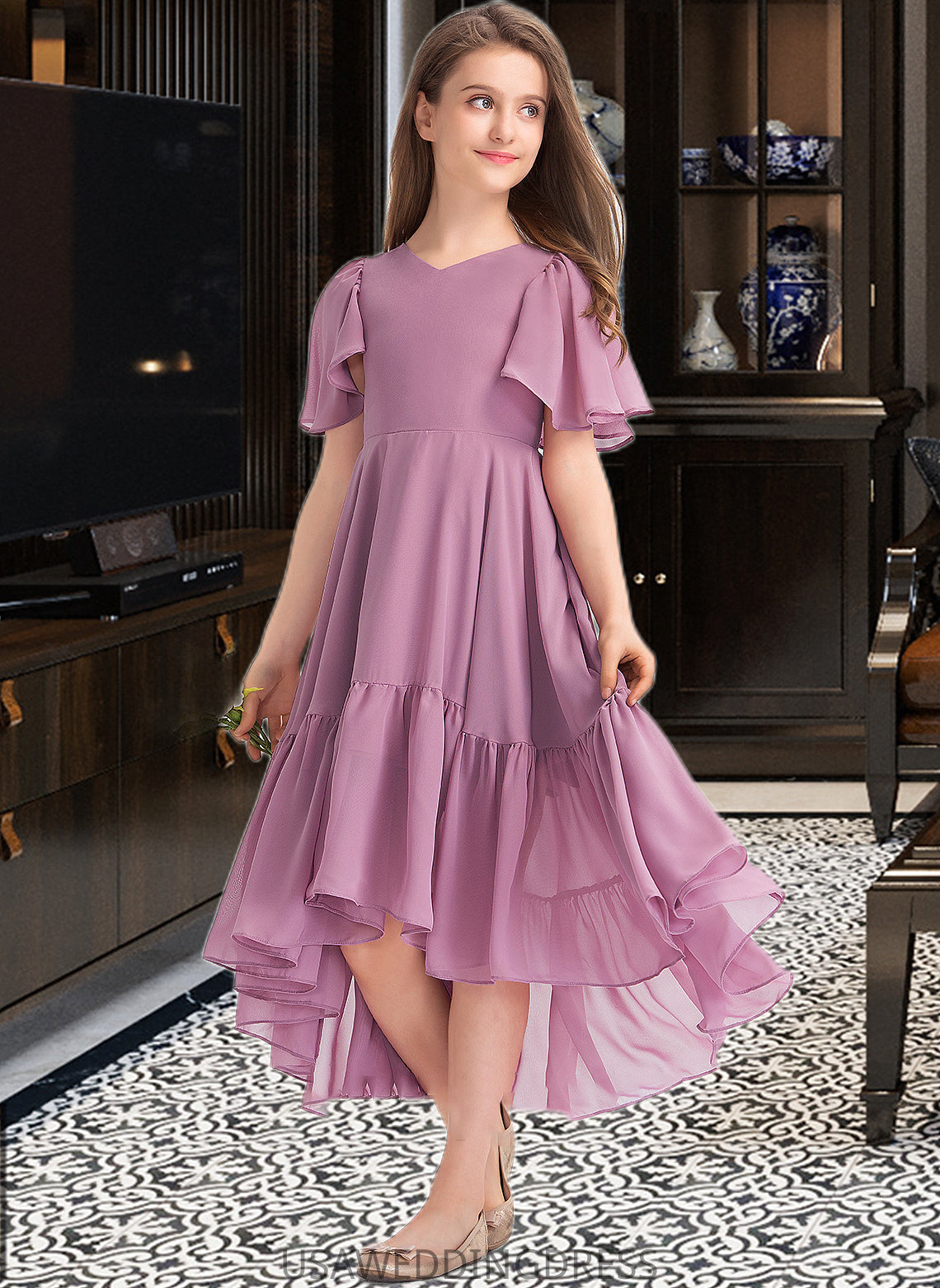 Mckinley A-Line V-neck Asymmetrical Chiffon Junior Bridesmaid Dress With Cascading Ruffles DSP0013342