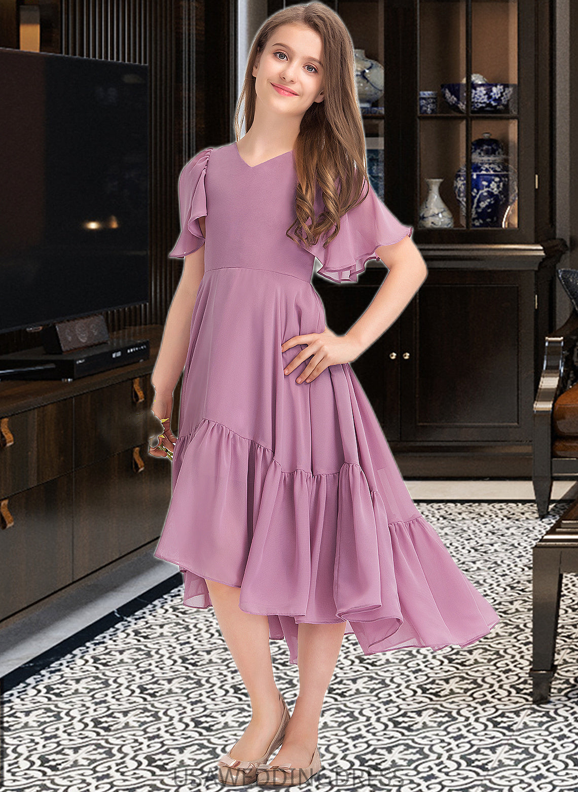 Mckinley A-Line V-neck Asymmetrical Chiffon Junior Bridesmaid Dress With Cascading Ruffles DSP0013342