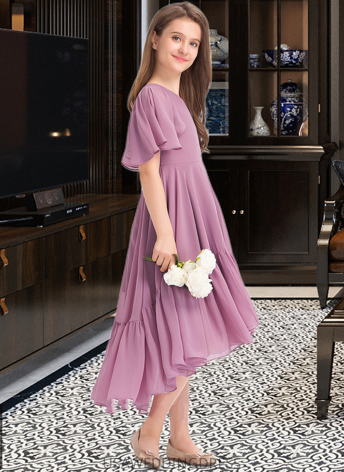 Mckinley A-Line V-neck Asymmetrical Chiffon Junior Bridesmaid Dress With Cascading Ruffles DSP0013342