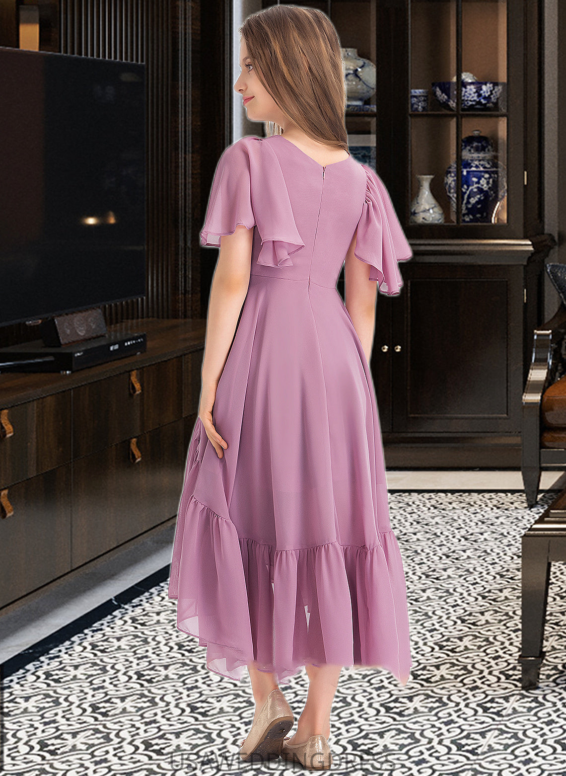 Mckinley A-Line V-neck Asymmetrical Chiffon Junior Bridesmaid Dress With Cascading Ruffles DSP0013342