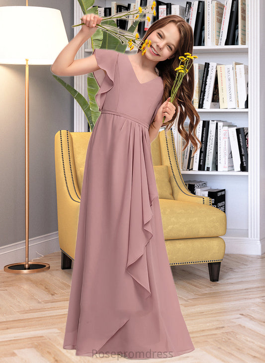 Presley A-Line V-neck Floor-Length Chiffon Junior Bridesmaid Dress With Cascading Ruffles SRSP0013343