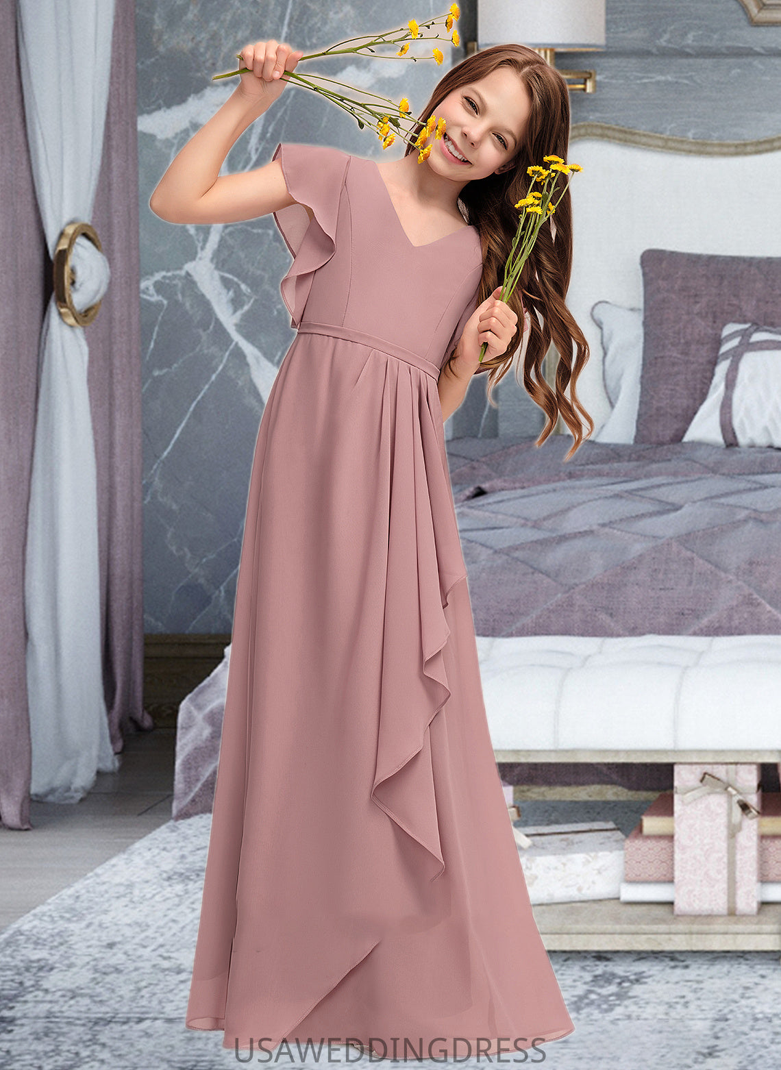 Salome A-Line V-neck Floor-Length Chiffon Junior Bridesmaid Dress With Cascading Ruffles DSP0013343