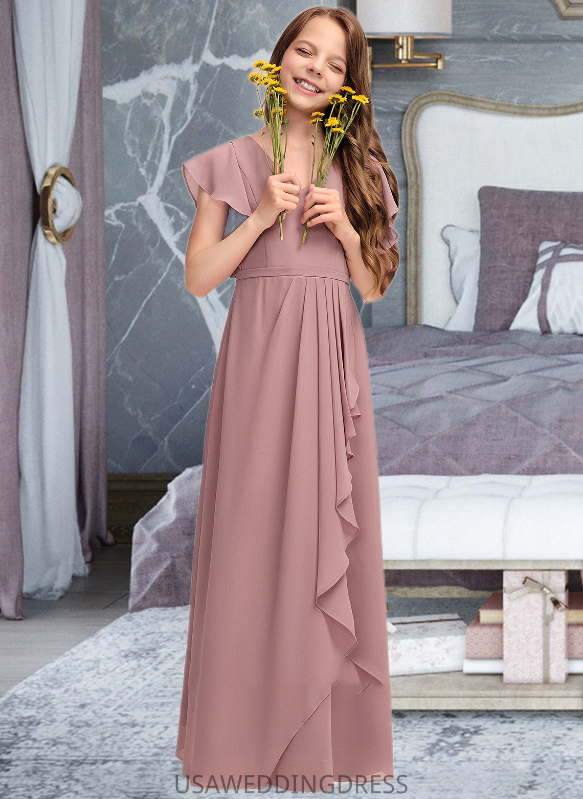 Salome A-Line V-neck Floor-Length Chiffon Junior Bridesmaid Dress With Cascading Ruffles DSP0013343