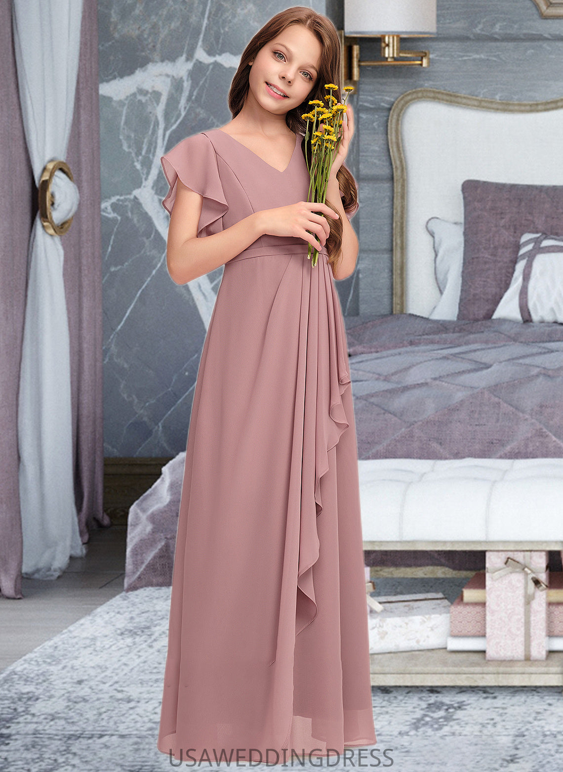 Salome A-Line V-neck Floor-Length Chiffon Junior Bridesmaid Dress With Cascading Ruffles DSP0013343