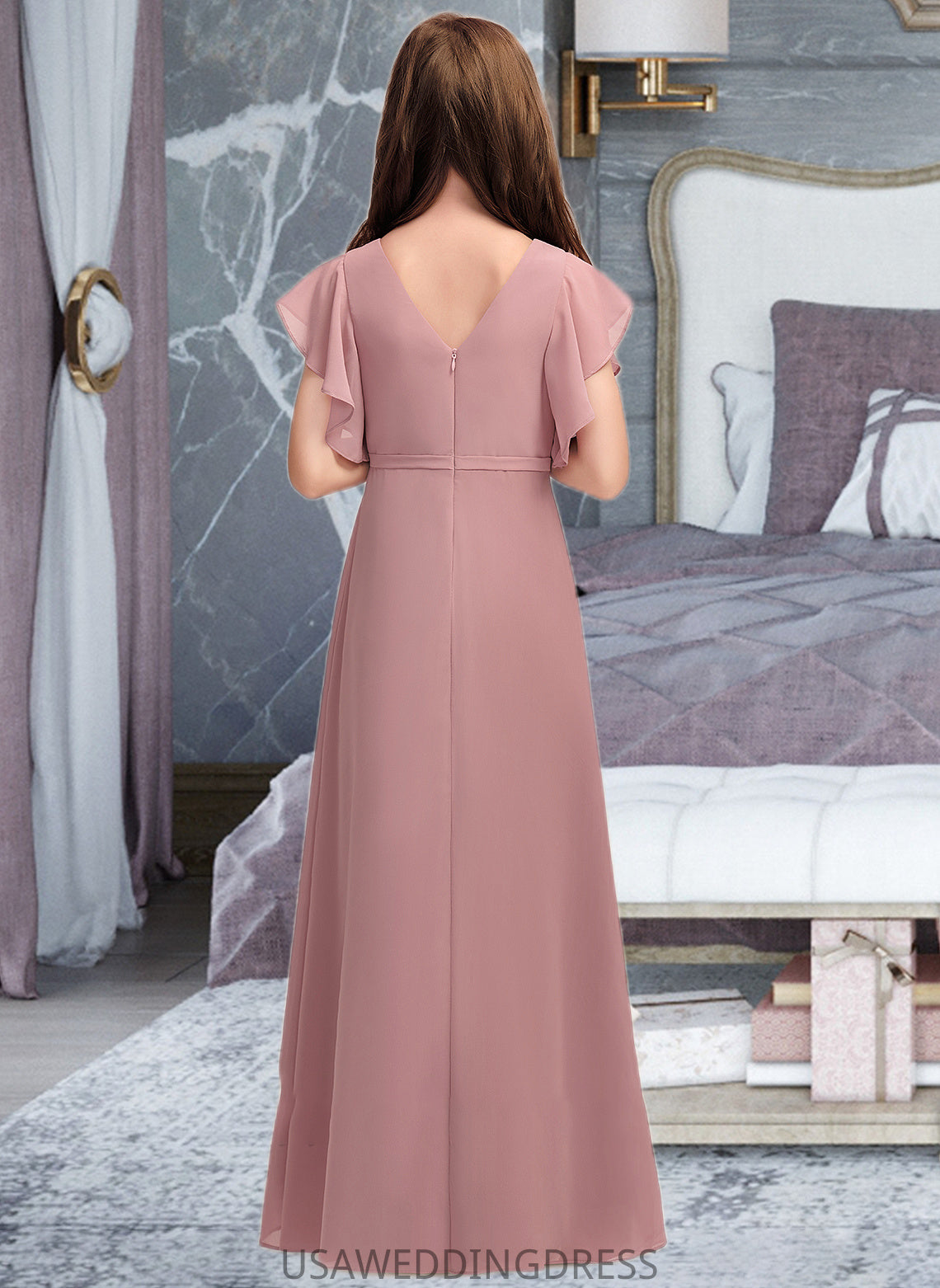 Salome A-Line V-neck Floor-Length Chiffon Junior Bridesmaid Dress With Cascading Ruffles DSP0013343