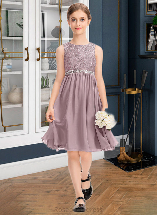 Glenda A-Line Scoop Neck Knee-Length Chiffon Lace Junior Bridesmaid Dress With Beading Bow(s) SRSP0013344