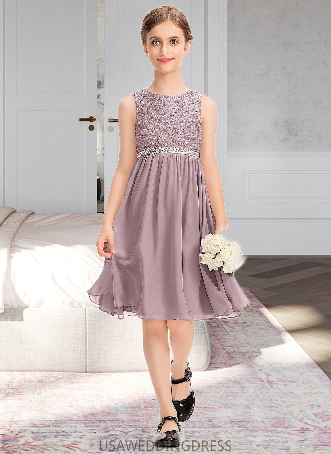 Ayanna A-Line Scoop Neck Knee-Length Chiffon Lace Junior Bridesmaid Dress With Beading Bow(s) DSP0013344