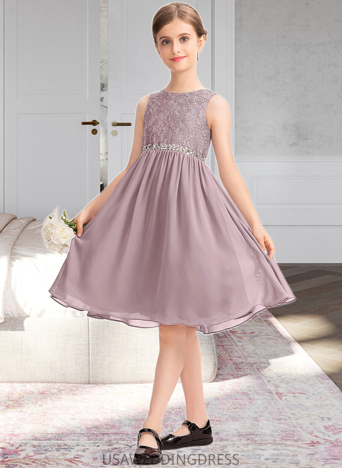 Ayanna A-Line Scoop Neck Knee-Length Chiffon Lace Junior Bridesmaid Dress With Beading Bow(s) DSP0013344