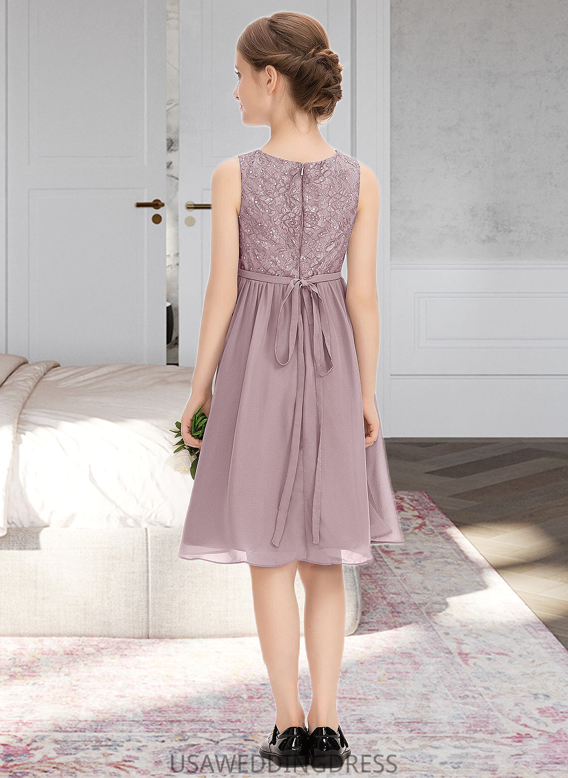 Ayanna A-Line Scoop Neck Knee-Length Chiffon Lace Junior Bridesmaid Dress With Beading Bow(s) DSP0013344