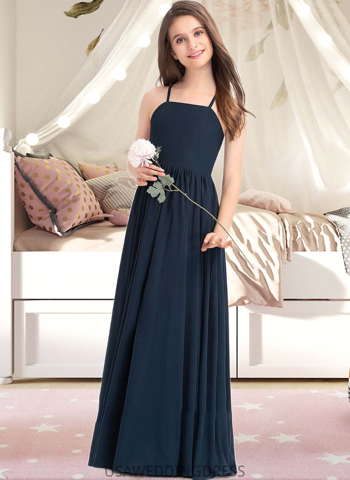 Mia A-Line Square Neckline Floor-Length Chiffon Junior Bridesmaid Dress With Bow(s) DSP0013345