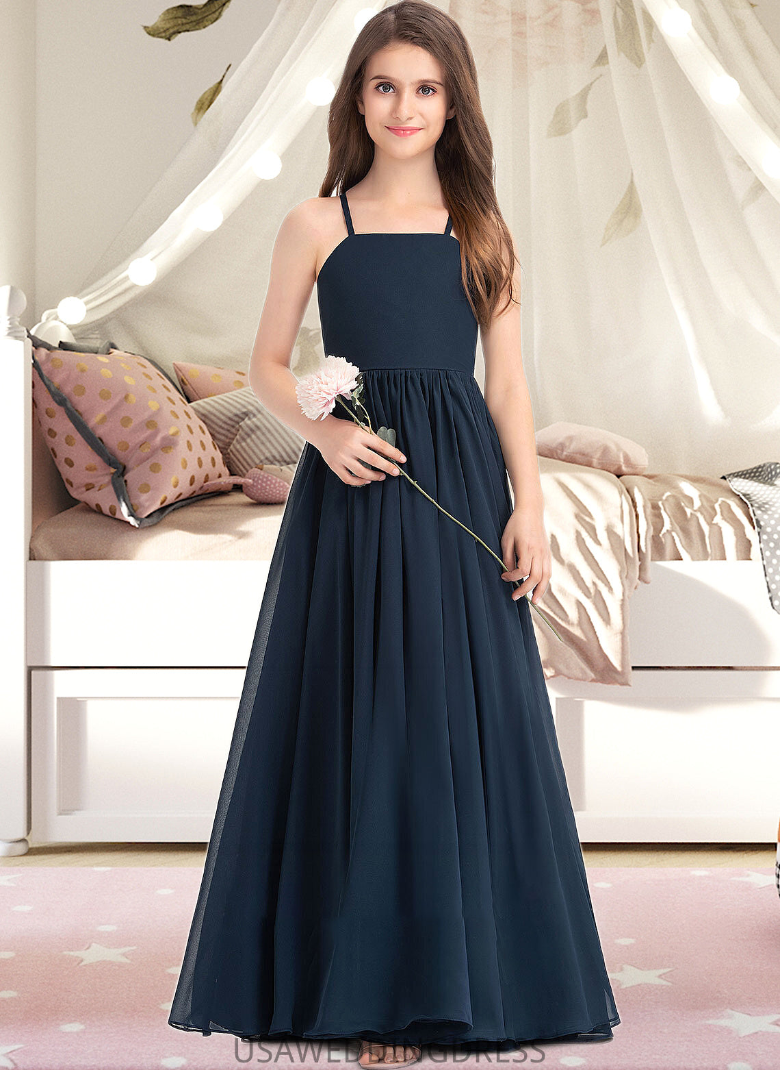 Mia A-Line Square Neckline Floor-Length Chiffon Junior Bridesmaid Dress With Bow(s) DSP0013345