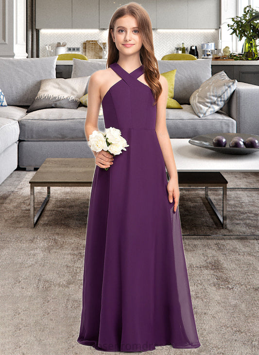 Lola A-Line V-neck Floor-Length Chiffon Junior Bridesmaid Dress SRSP0013346