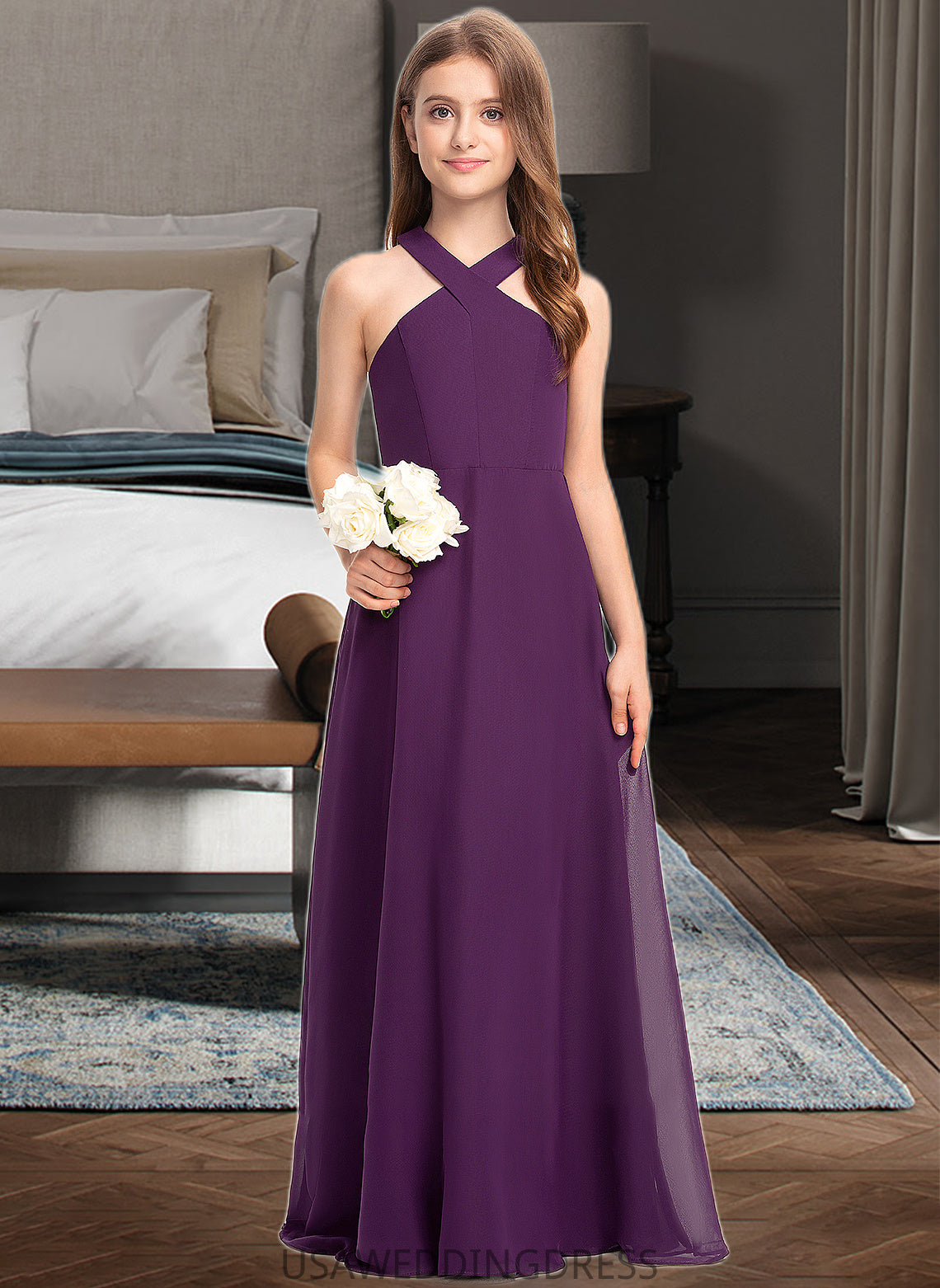 Patti A-Line V-neck Floor-Length Chiffon Junior Bridesmaid Dress DSP0013346