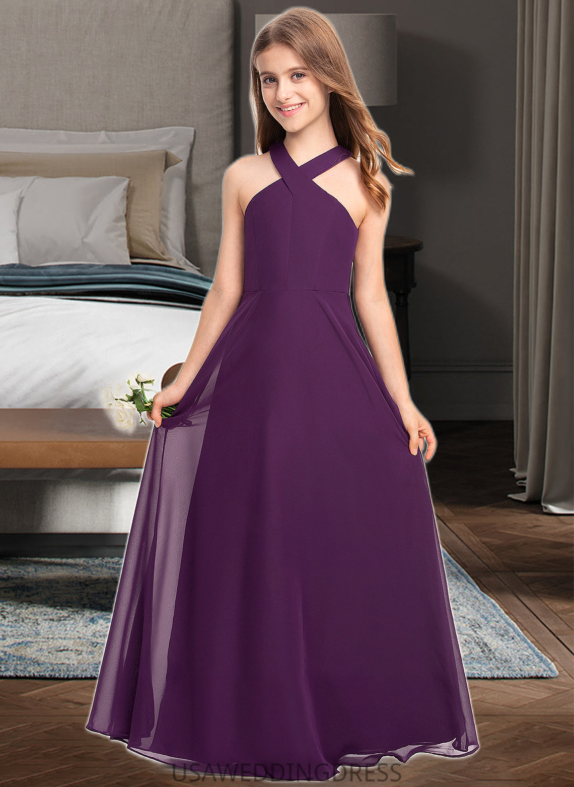 Patti A-Line V-neck Floor-Length Chiffon Junior Bridesmaid Dress DSP0013346