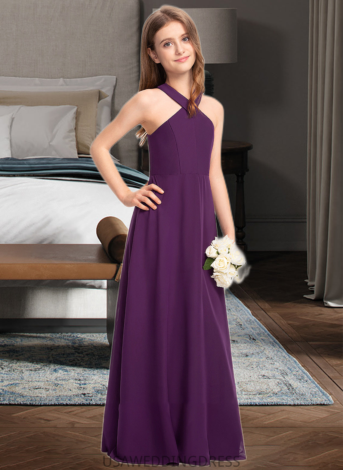 Patti A-Line V-neck Floor-Length Chiffon Junior Bridesmaid Dress DSP0013346