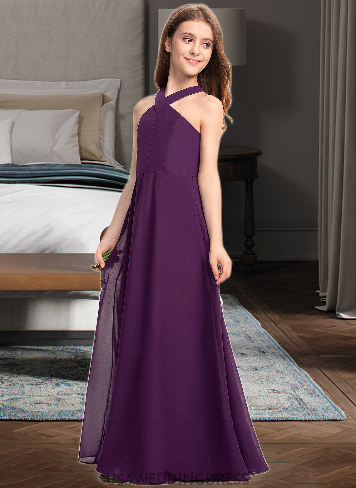 Patti A-Line V-neck Floor-Length Chiffon Junior Bridesmaid Dress DSP0013346