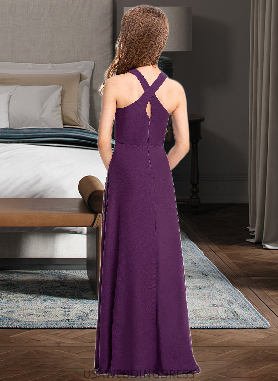 Patti A-Line V-neck Floor-Length Chiffon Junior Bridesmaid Dress DSP0013346