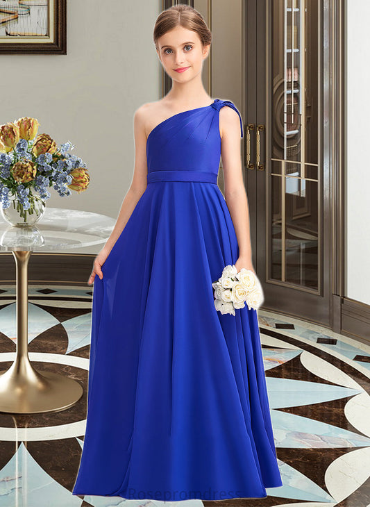 Nita A-Line One-Shoulder Floor-Length Chiffon Charmeuse Junior Bridesmaid Dress With Ruffle SRSP0013347