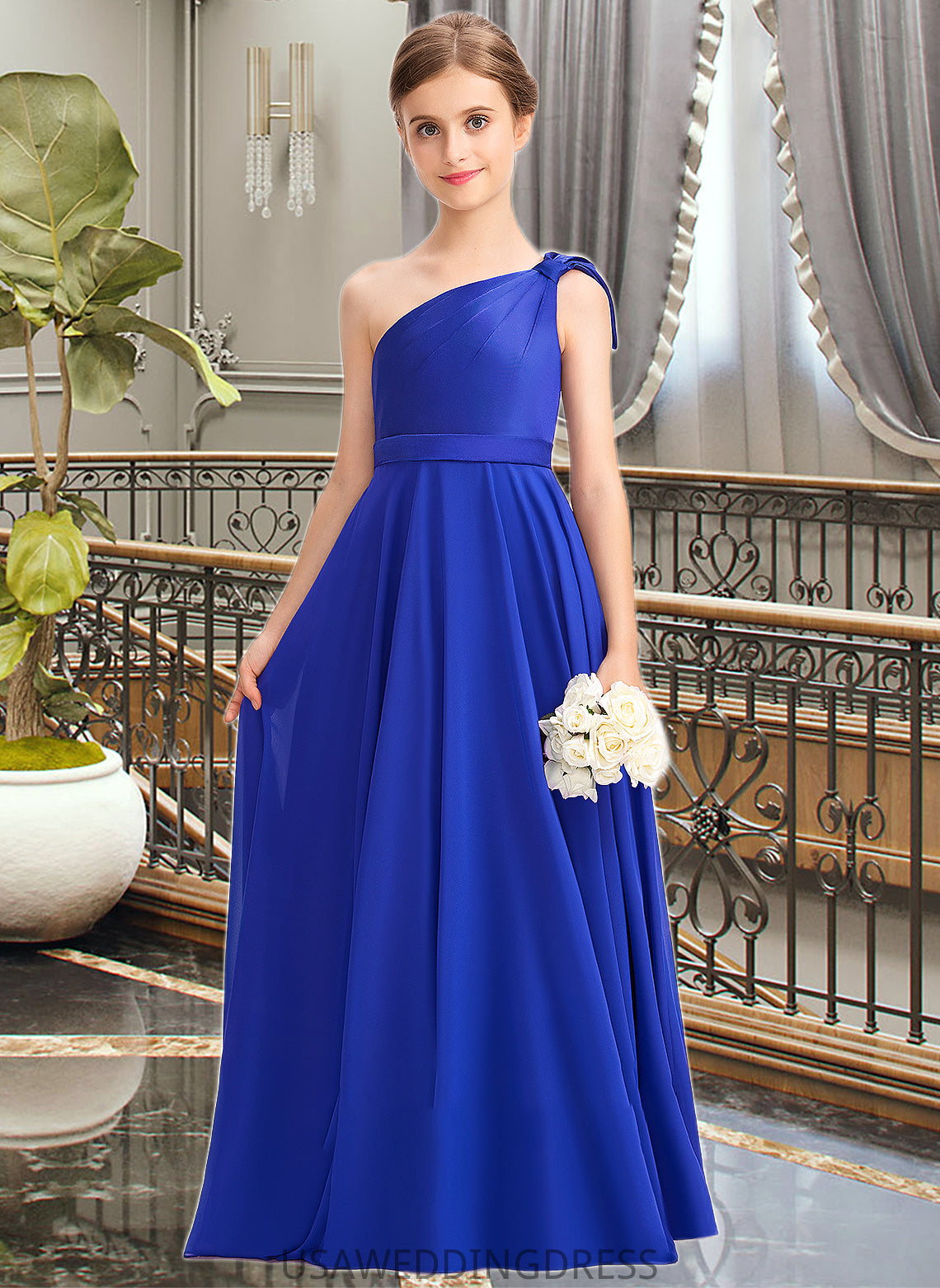 Sharon A-Line One-Shoulder Floor-Length Chiffon Charmeuse Junior Bridesmaid Dress With Ruffle DSP0013347