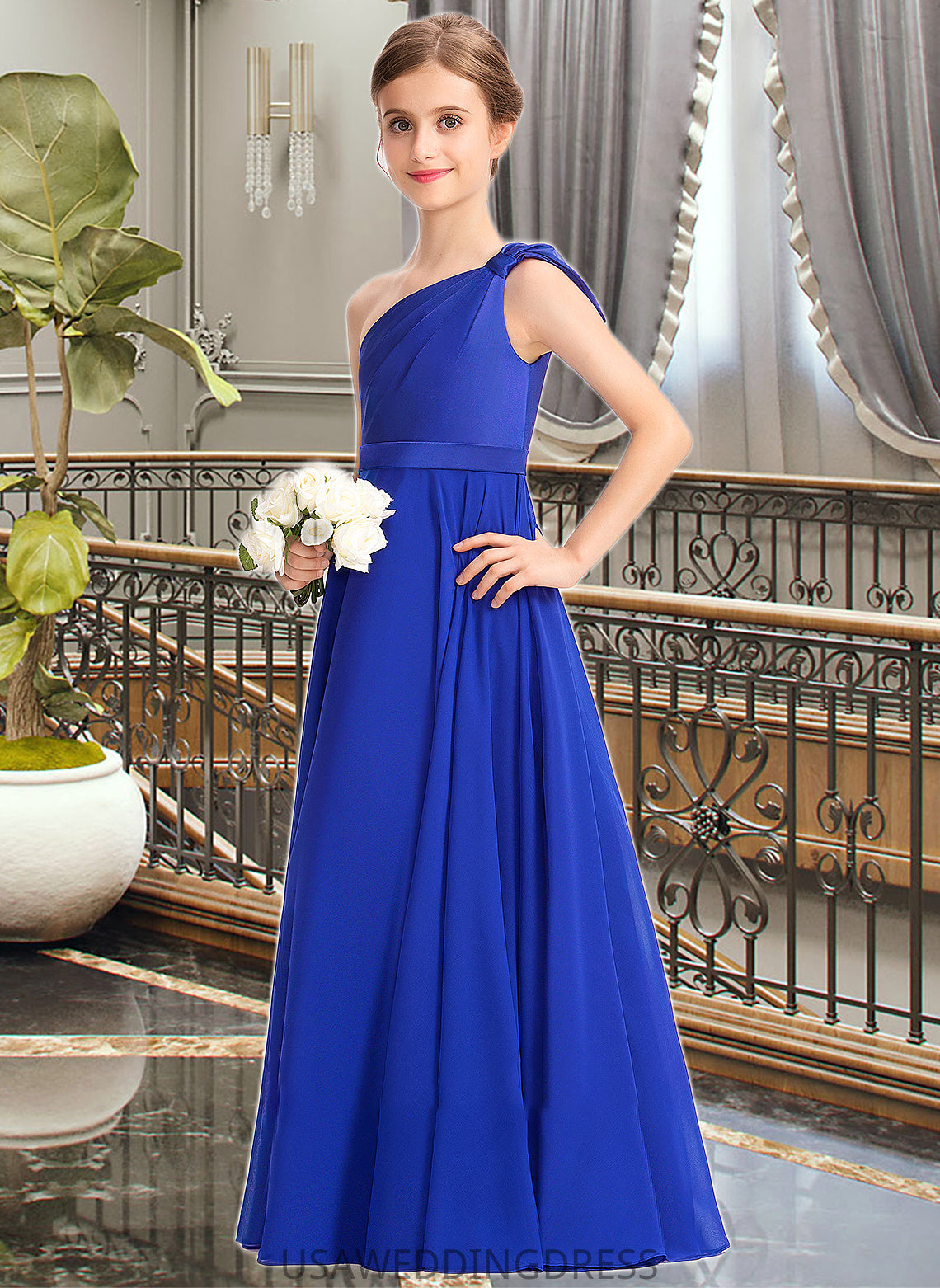 Sharon A-Line One-Shoulder Floor-Length Chiffon Charmeuse Junior Bridesmaid Dress With Ruffle DSP0013347