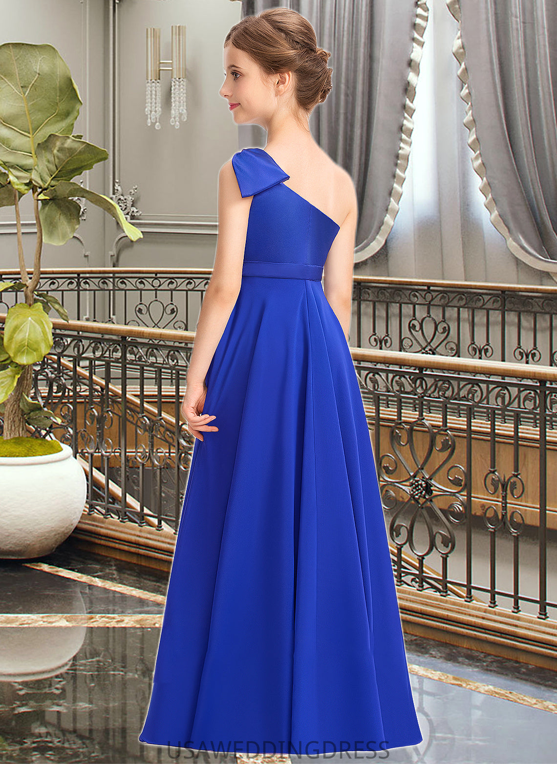 Sharon A-Line One-Shoulder Floor-Length Chiffon Charmeuse Junior Bridesmaid Dress With Ruffle DSP0013347