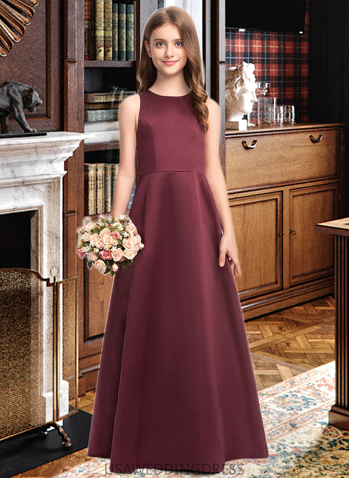 Karen A-Line Scoop Neck Floor-Length Satin Junior Bridesmaid Dress DSP0013348