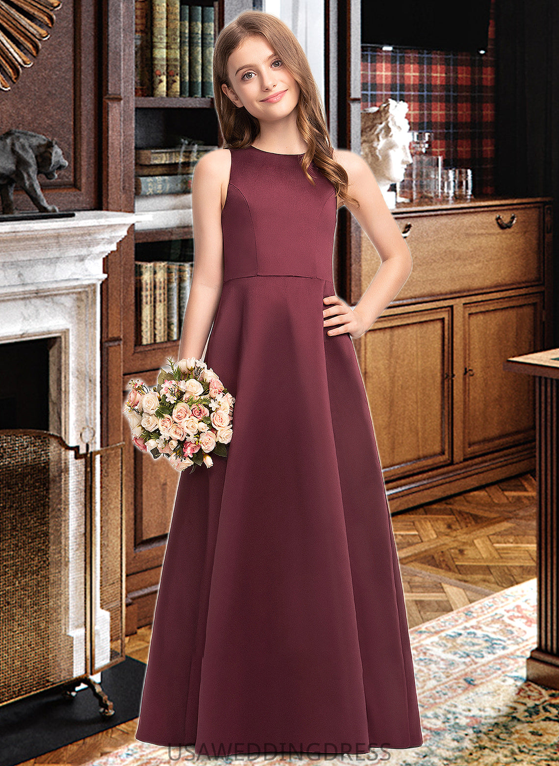 Karen A-Line Scoop Neck Floor-Length Satin Junior Bridesmaid Dress DSP0013348