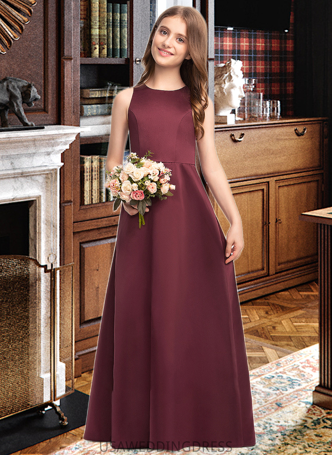 Karen A-Line Scoop Neck Floor-Length Satin Junior Bridesmaid Dress DSP0013348