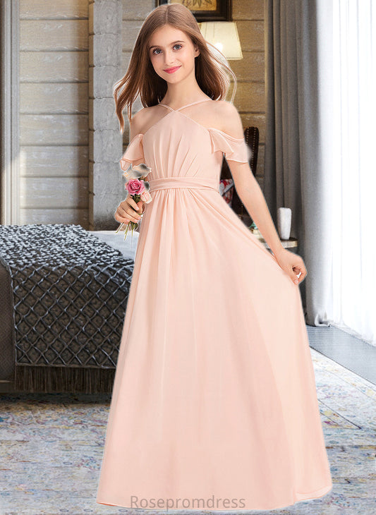 Alannah A-Line V-neck Floor-Length Chiffon Junior Bridesmaid Dress With Ruffle Bow(s) SRSP0013349