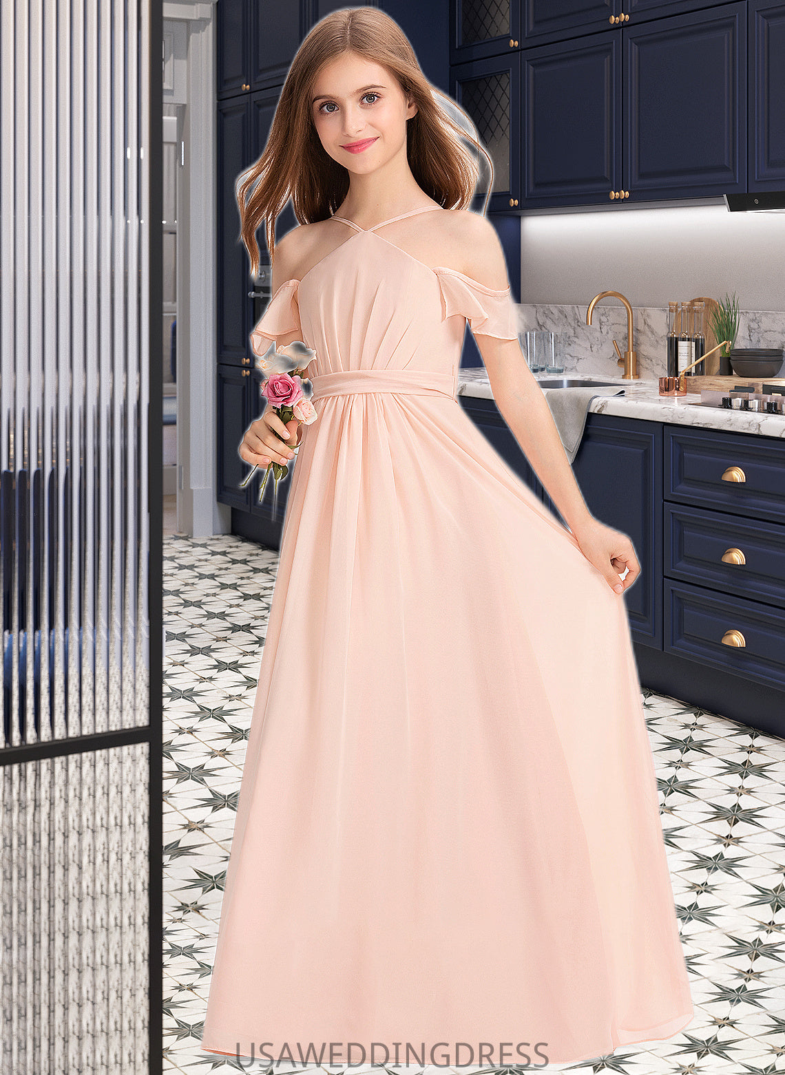 Amani A-Line V-neck Floor-Length Chiffon Junior Bridesmaid Dress With Ruffle Bow(s) DSP0013349