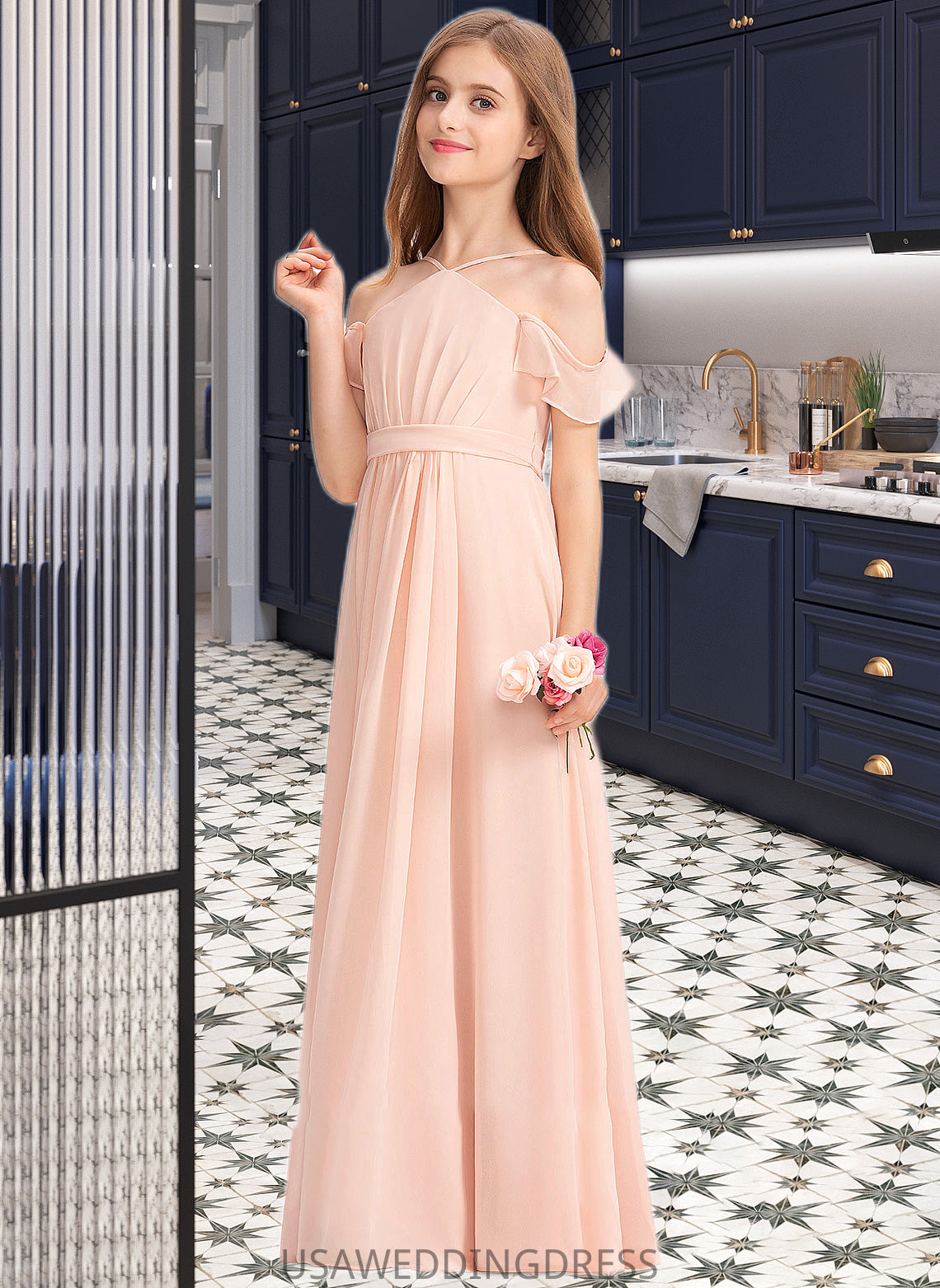 Amani A-Line V-neck Floor-Length Chiffon Junior Bridesmaid Dress With Ruffle Bow(s) DSP0013349