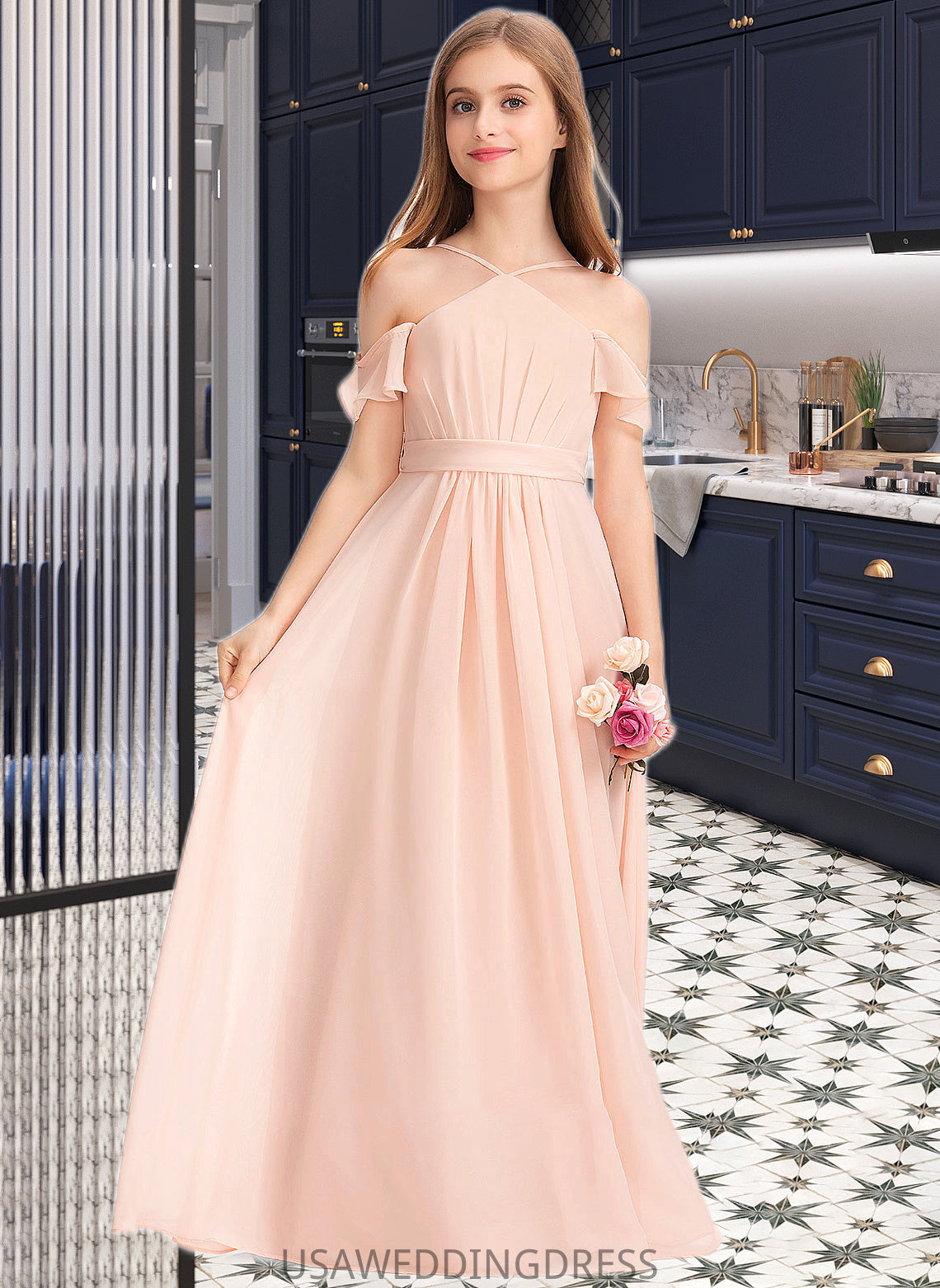 Amani A-Line V-neck Floor-Length Chiffon Junior Bridesmaid Dress With Ruffle Bow(s) DSP0013349