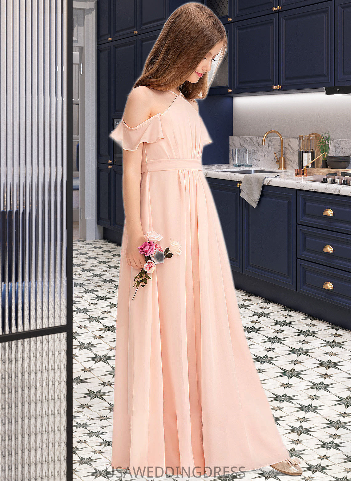 Amani A-Line V-neck Floor-Length Chiffon Junior Bridesmaid Dress With Ruffle Bow(s) DSP0013349