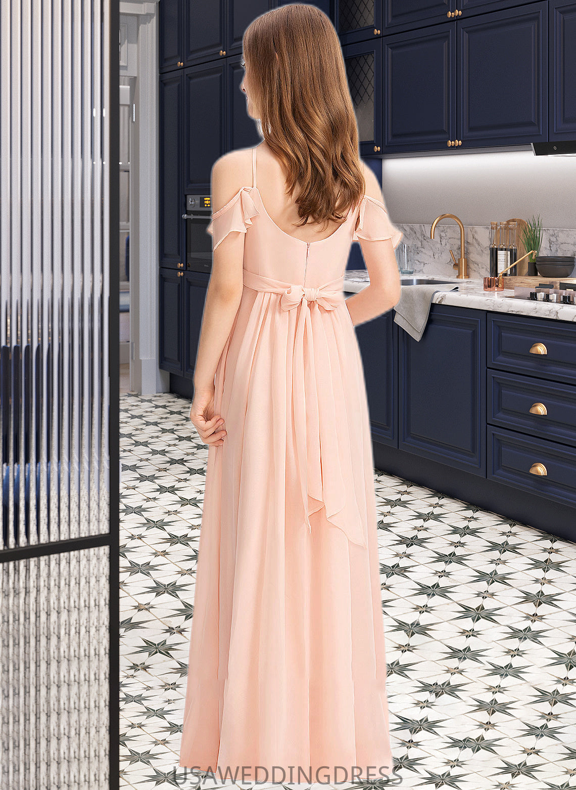 Amani A-Line V-neck Floor-Length Chiffon Junior Bridesmaid Dress With Ruffle Bow(s) DSP0013349